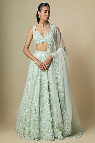 Mint Green Pure Organza Hand Embroidered Lehenga Set by Label Charmie Galaiya