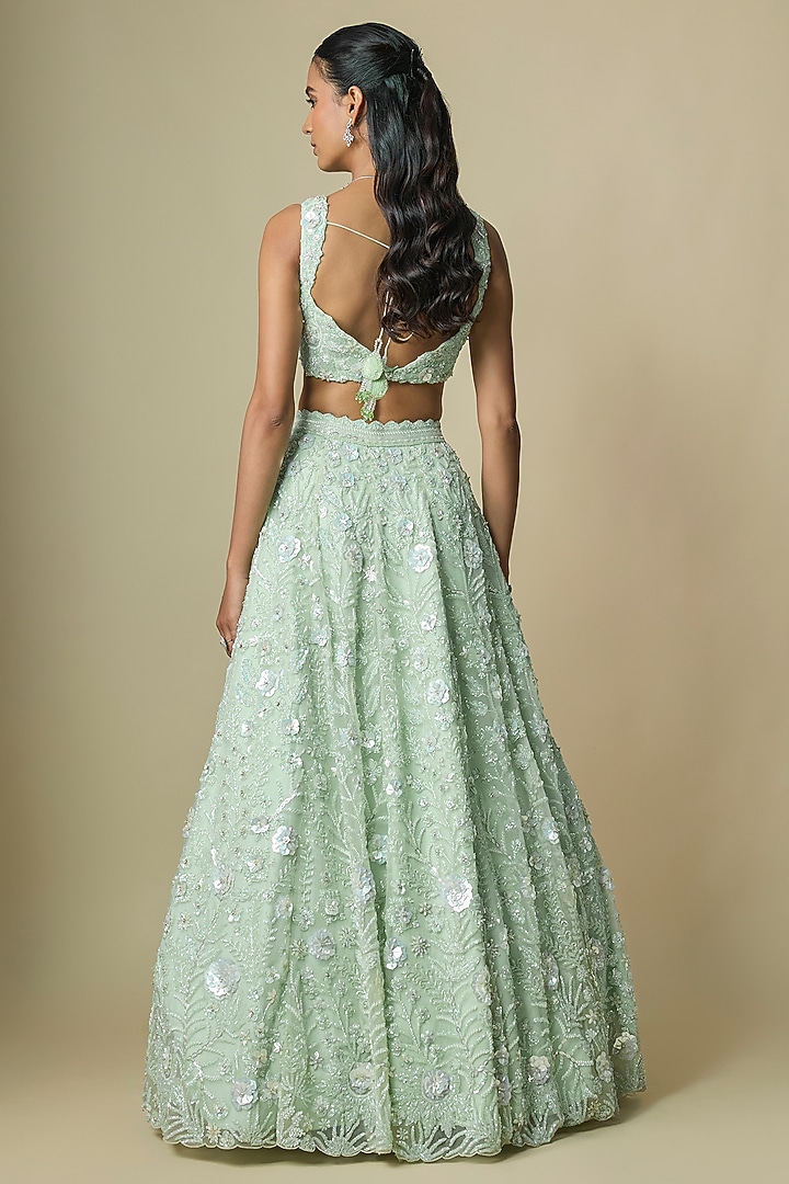 Mint Green Pure Organza Hand Embroidered Bridal Lehenga Set by Label Charmie Galaiya at Pernia's Pop Up Shop