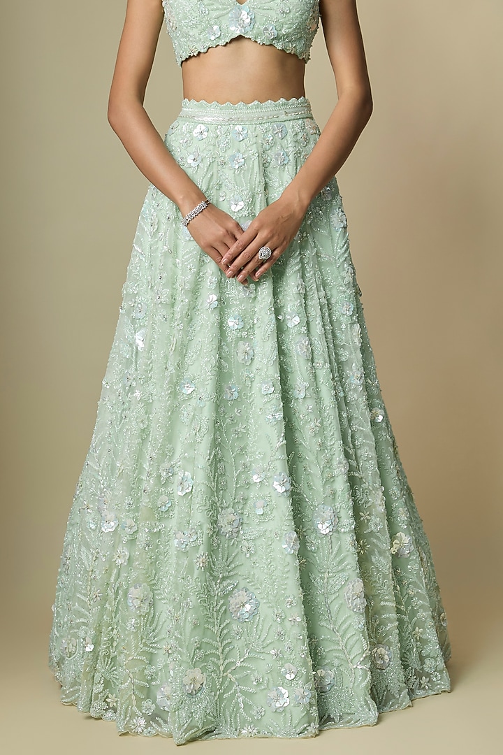 Mint Green Pure Organza Hand Embroidered Bridal Lehenga Set by Label Charmie Galaiya at Pernia's Pop Up Shop