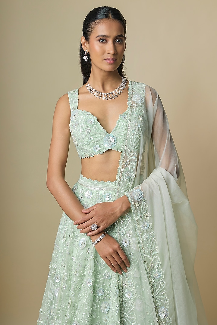 Mint Green Pure Organza Hand Embroidered Bridal Lehenga Set by Label Charmie Galaiya at Pernia's Pop Up Shop