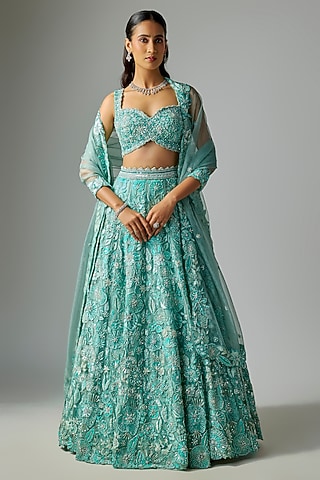 Teal Mint Pure Organza Embroidered Lehenga Set by Label Charmie Galaiya