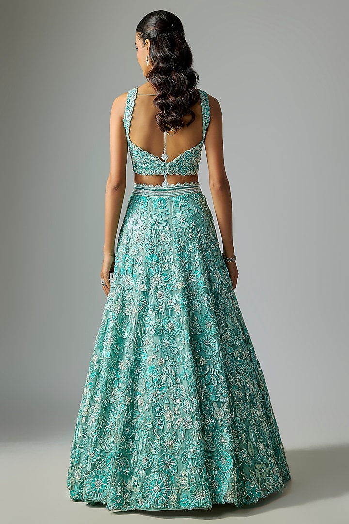 Teal Mint Pure Organza Embroidered Bridal Lehenga Set by Label Charmie Galaiya at Pernia's Pop Up Shop