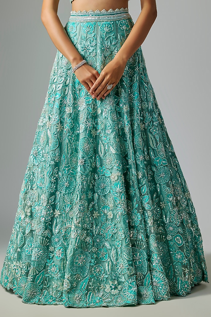 Teal Mint Pure Organza Embroidered Bridal Lehenga Set by Label Charmie Galaiya at Pernia's Pop Up Shop