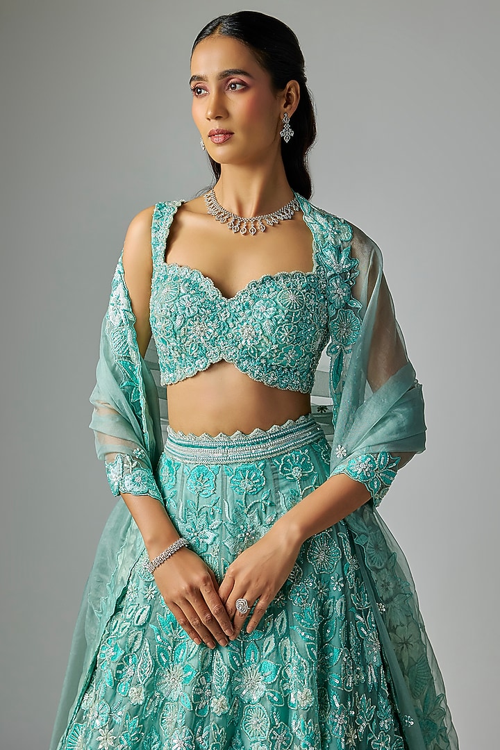 Teal Mint Pure Organza Embroidered Bridal Lehenga Set by Label Charmie Galaiya at Pernia's Pop Up Shop