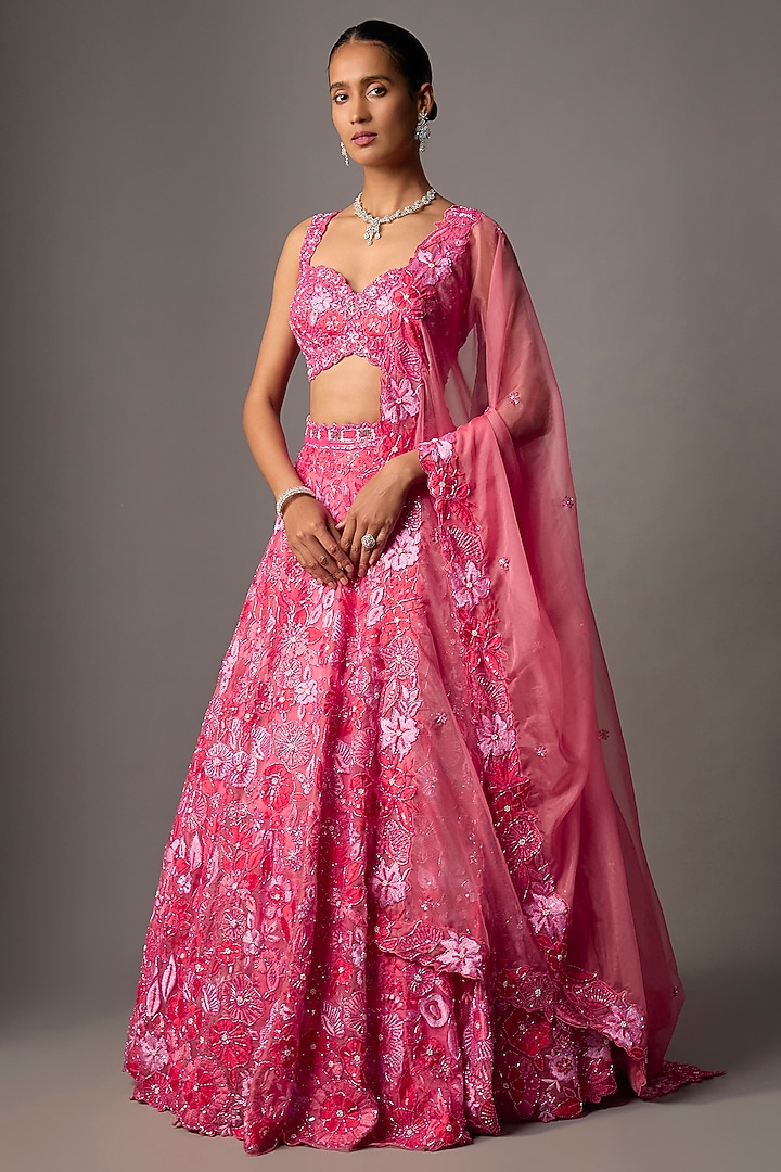Rani Pink Pure Organza Hand Embroidered Bridal Lehenga Set by Label Charmie Galaiya at Pernia's Pop Up Shop