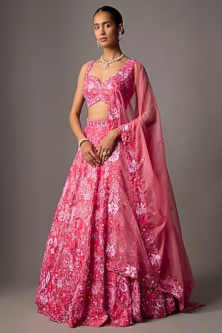 Rani Pink Pure Organza Hand Embroidered Lehenga Set by Label Charmie Galaiya