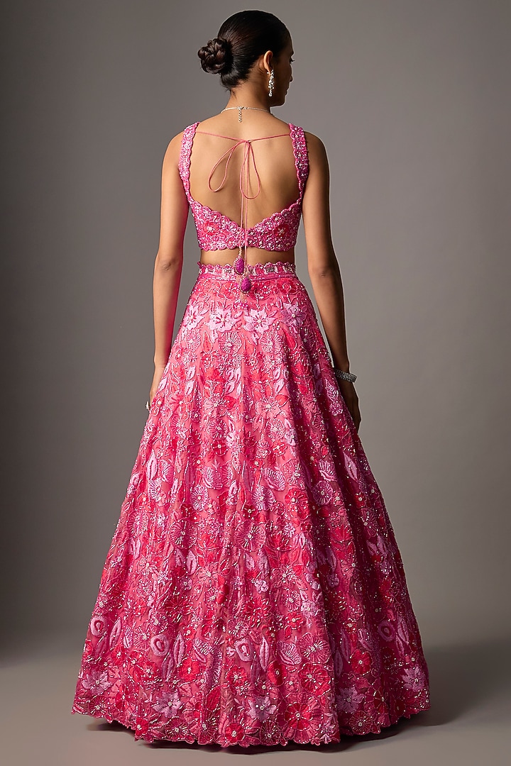 Rani Pink Pure Organza Hand Embroidered Bridal Lehenga Set by Label Charmie Galaiya at Pernia's Pop Up Shop