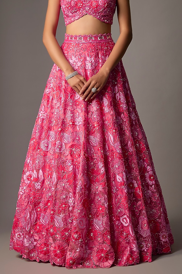 Rani Pink Pure Organza Hand Embroidered Bridal Lehenga Set by Label Charmie Galaiya at Pernia's Pop Up Shop