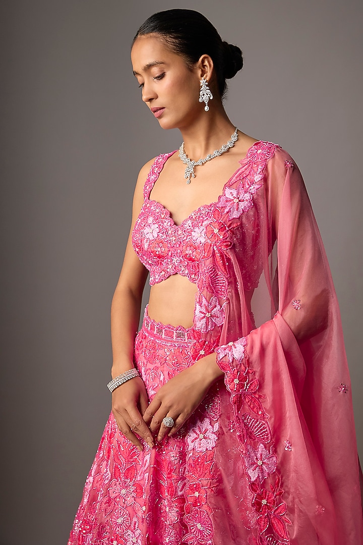 Rani Pink Pure Organza Hand Embroidered Bridal Lehenga Set by Label Charmie Galaiya at Pernia's Pop Up Shop