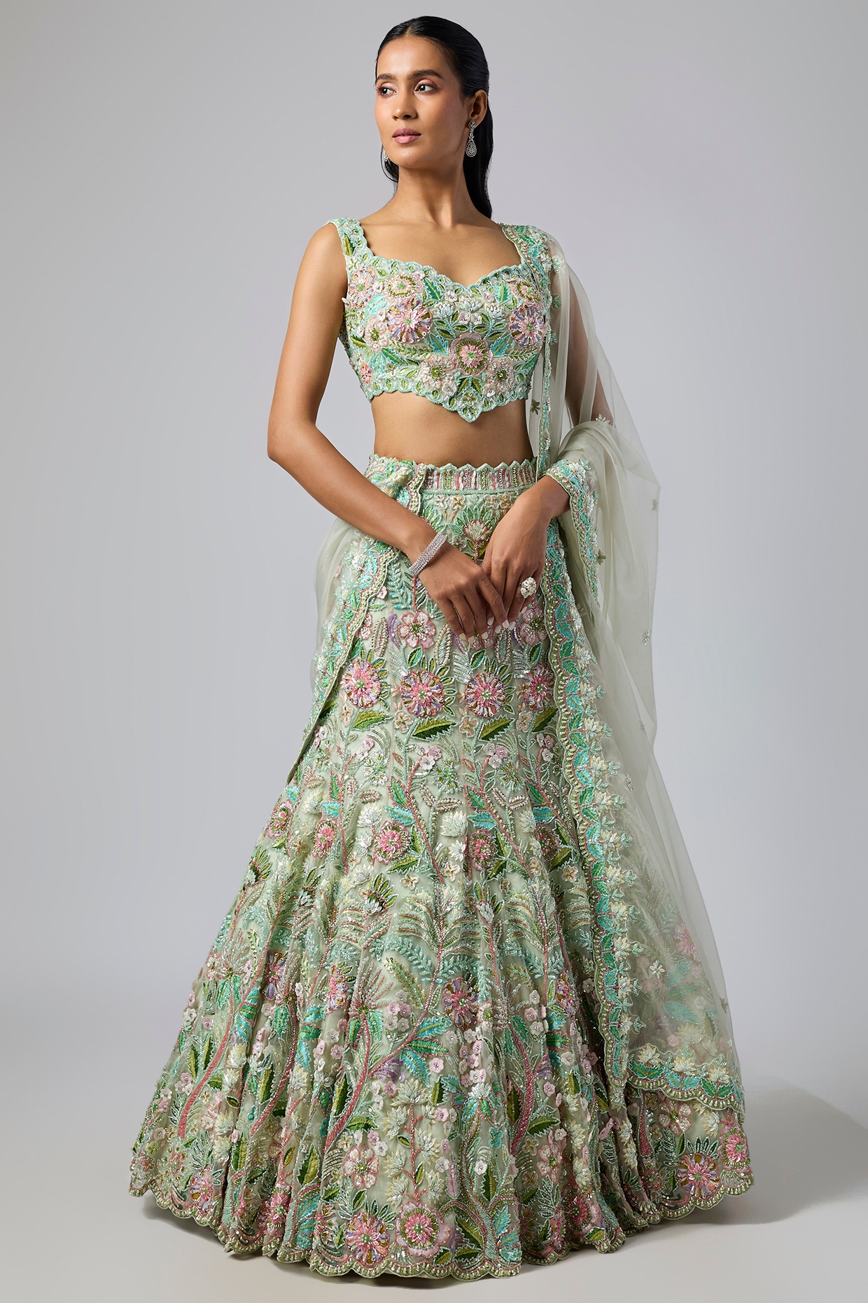 Label Charmie Galaiya Sage Green Pure Organza Hand Embroidered Lehenga Set