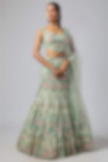 Sage Green Pure Organza Hand Embroidered Bridal Lehenga Set by Label Charmie Galaiya at Pernia's Pop Up Shop