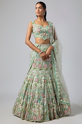 Sage Green Pure Organza Hand Embroidered Lehenga Set by Label Charmie Galaiya