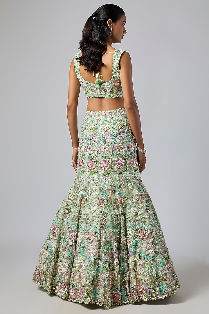 Sage Green Pure Organza Hand Embroidered Bridal Lehenga Set by Label Charmie Galaiya at Pernia's Pop Up Shop