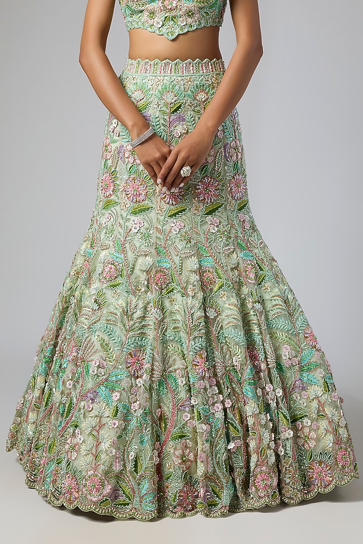 Sage Green Pure Organza Hand Embroidered Bridal Lehenga Set by Label Charmie Galaiya at Pernia's Pop Up Shop