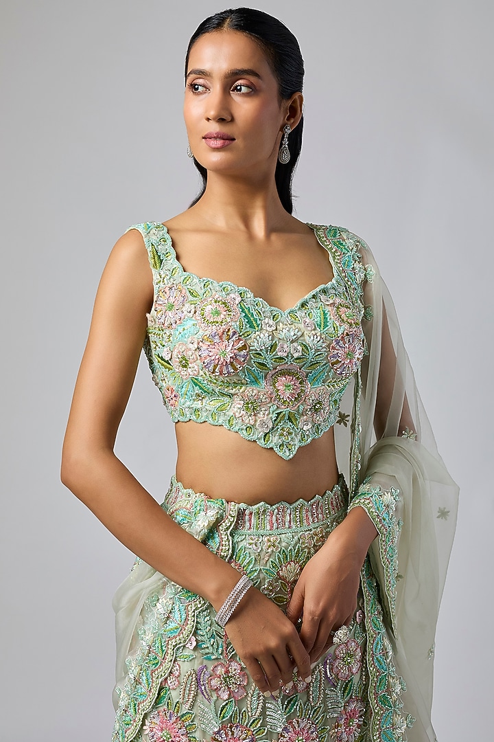 Sage Green Pure Organza Hand Embroidered Bridal Lehenga Set by Label Charmie Galaiya at Pernia's Pop Up Shop