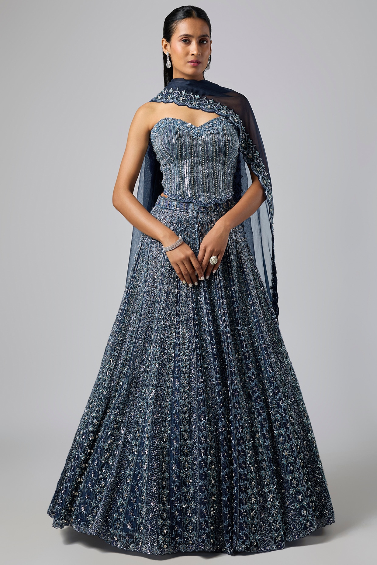 Label Charmie Galaiya Midnight Sapphire Pure Organza Lehenga Set