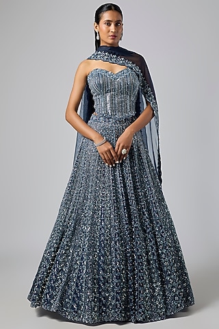 Midnight Sapphire Pure Organza Lehenga Set by Label Charmie Galaiya