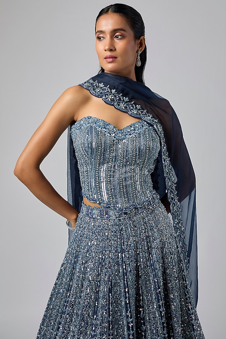 Midnight Sapphire Pure Organza Bridal Lehenga Set by Label Charmie Galaiya at Pernia's Pop Up Shop