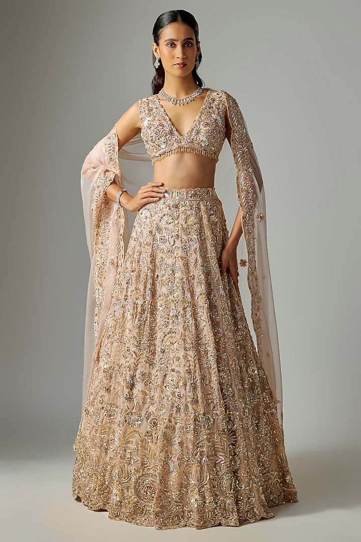 French Cream Pure Organza Embroidered Bridal Lehenga Set by Label Charmie Galaiya at Pernia's Pop Up Shop