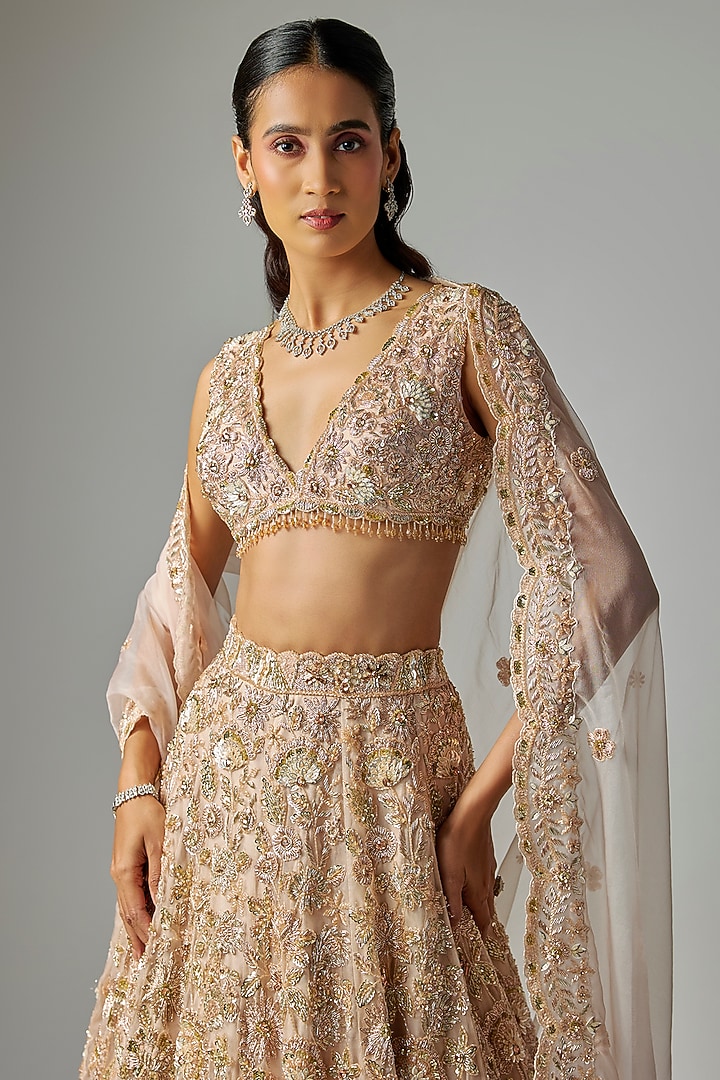 French Cream Pure Organza Embroidered Bridal Lehenga Set by Label Charmie Galaiya at Pernia's Pop Up Shop