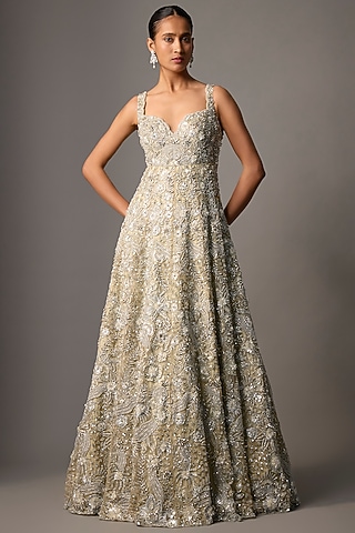 Dusty Green Pure Organza Aari Embroidered Gown by Label Charmie Galaiya