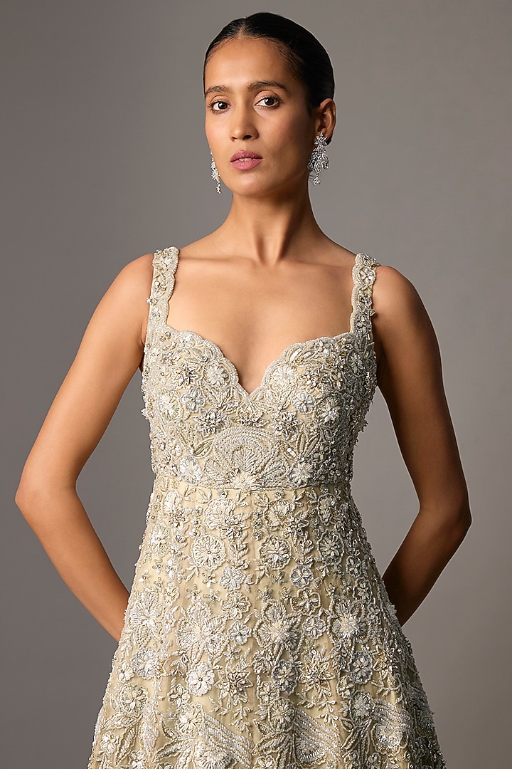 Dusty Green Pure Organza Aari Embroidered Bridal Gown by Label Charmie Galaiya at Pernia's Pop Up Shop