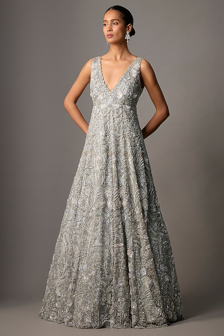 Dusty Grey Pure Organza Aari Embroidered Bridal Gown by Label Charmie Galaiya at Pernia's Pop Up Shop