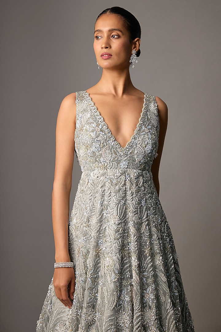 Dusty Grey Pure Organza Aari Embroidered Bridal Gown by Label Charmie Galaiya at Pernia's Pop Up Shop