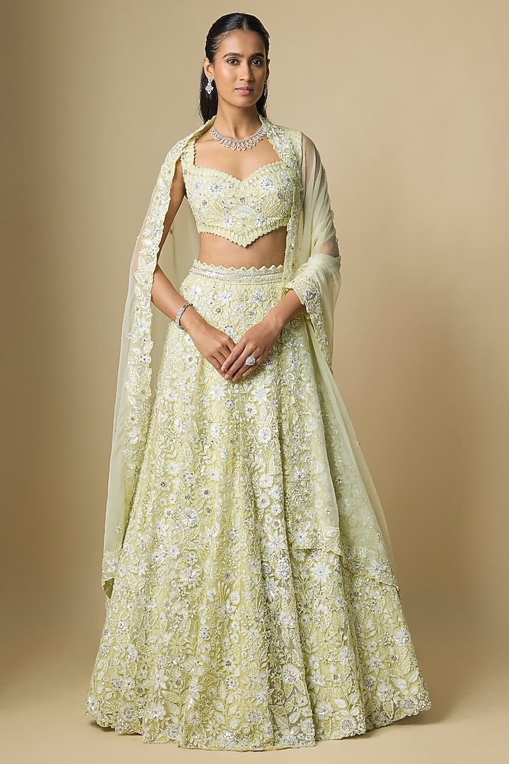 Lime Yellow Pure Organza Hand Embroidered Bridal Lehenga Set by Label Charmie Galaiya at Pernia's Pop Up Shop