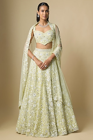 Lime Yellow Pure Organza Hand Embroidered Lehenga Set by Label Charmie Galaiya