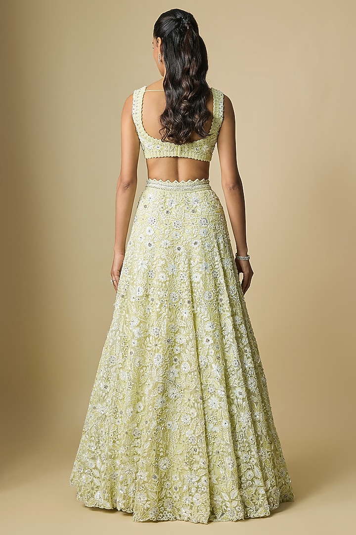 Lime Yellow Pure Organza Hand Embroidered Bridal Lehenga Set by Label Charmie Galaiya at Pernia's Pop Up Shop