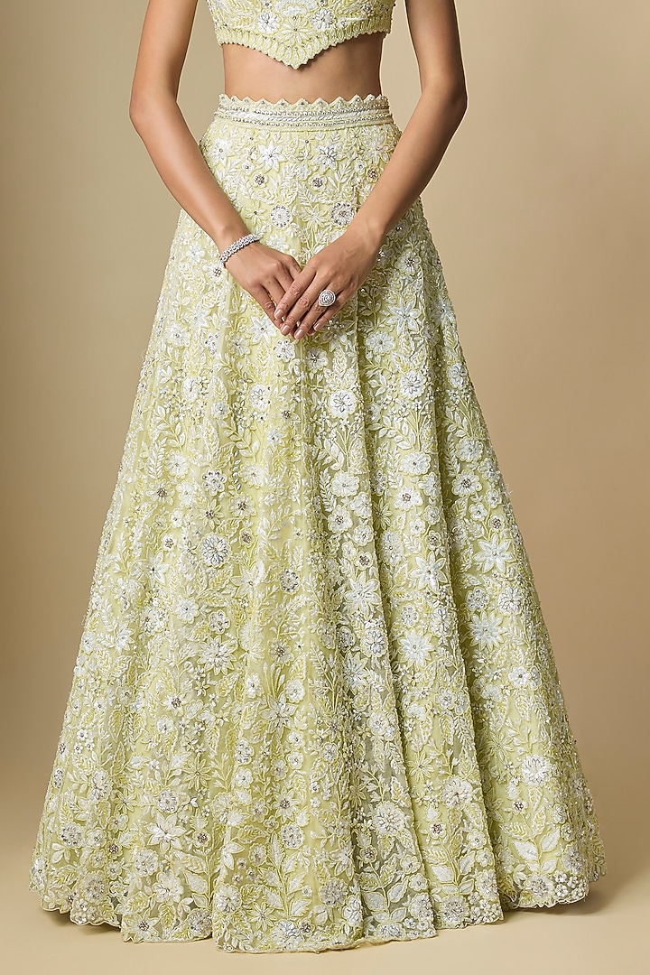 Lime Yellow Pure Organza Hand Embroidered Bridal Lehenga Set by Label Charmie Galaiya at Pernia's Pop Up Shop
