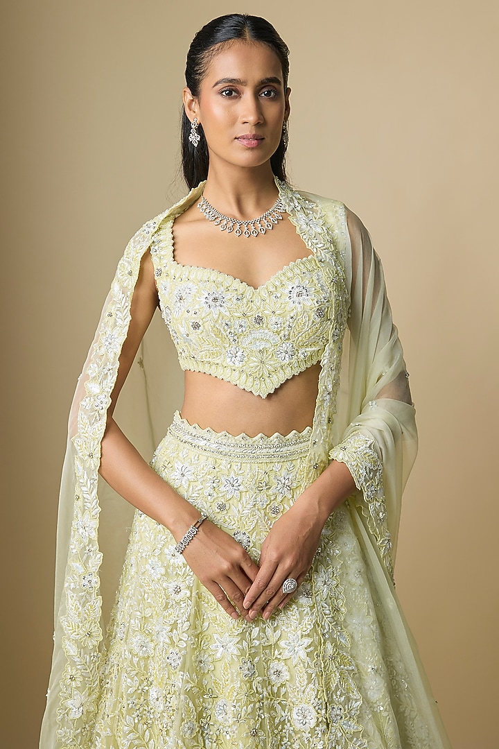 Lime Yellow Pure Organza Hand Embroidered Bridal Lehenga Set by Label Charmie Galaiya at Pernia's Pop Up Shop