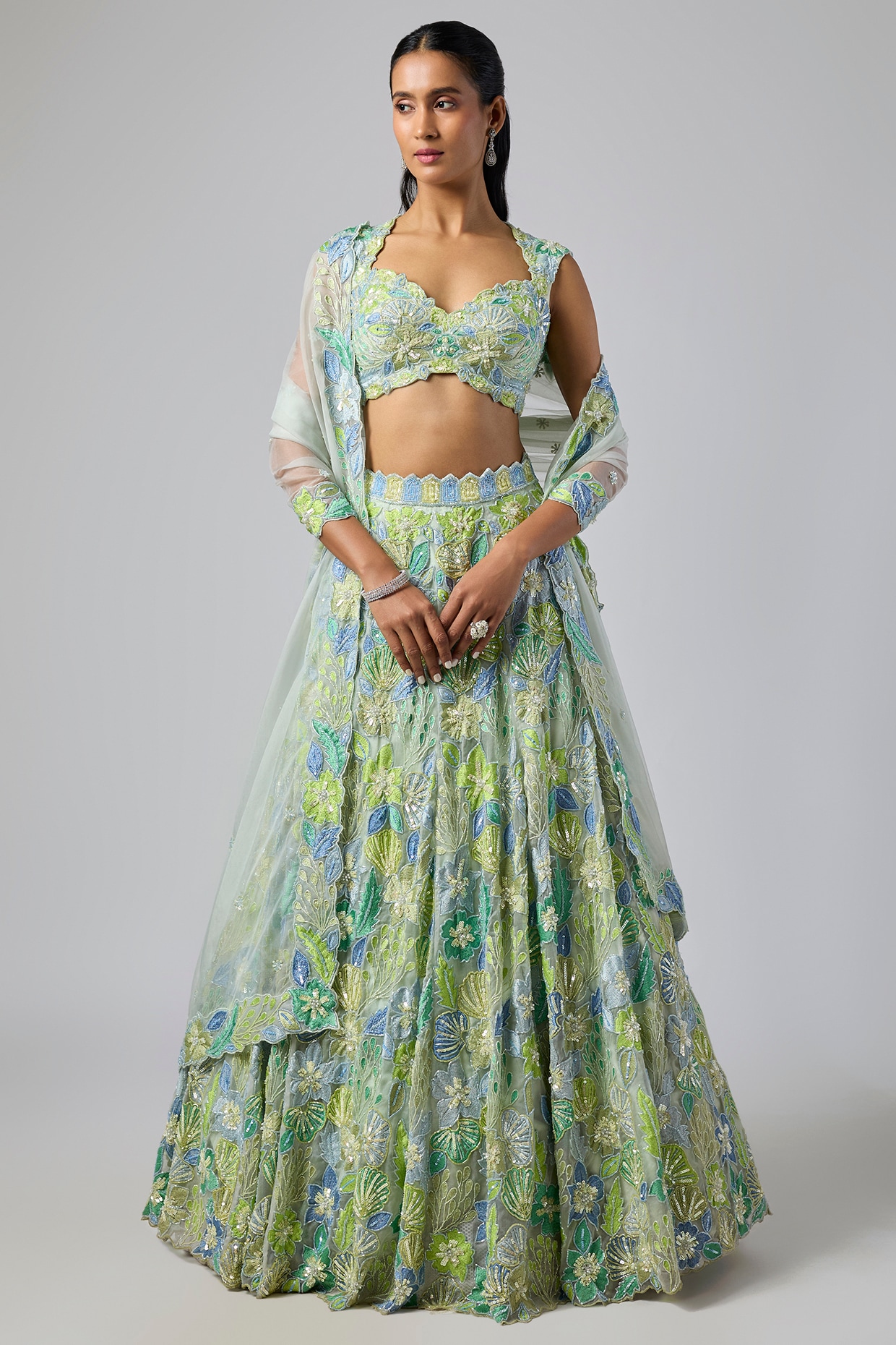 Label Charmie Galaiya Sea Green Pure Organza Hand Embroidered Lehenga Set