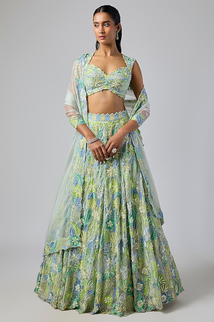 Sea Green Pure Organza Hand Embroidered Bridal Lehenga Set by Label Charmie Galaiya at Pernia's Pop Up Shop