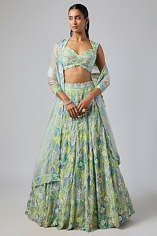 Sea Green Pure Organza Hand Embroidered Lehenga Set by Label Charmie Galaiya