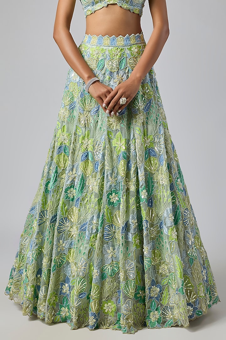 Sea Green Pure Organza Hand Embroidered Bridal Lehenga Set by Label Charmie Galaiya at Pernia's Pop Up Shop