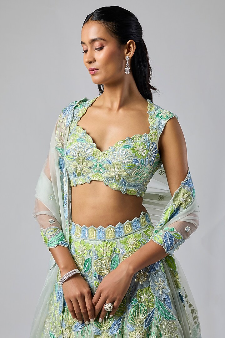 Sea Green Pure Organza Hand Embroidered Bridal Lehenga Set by Label Charmie Galaiya at Pernia's Pop Up Shop