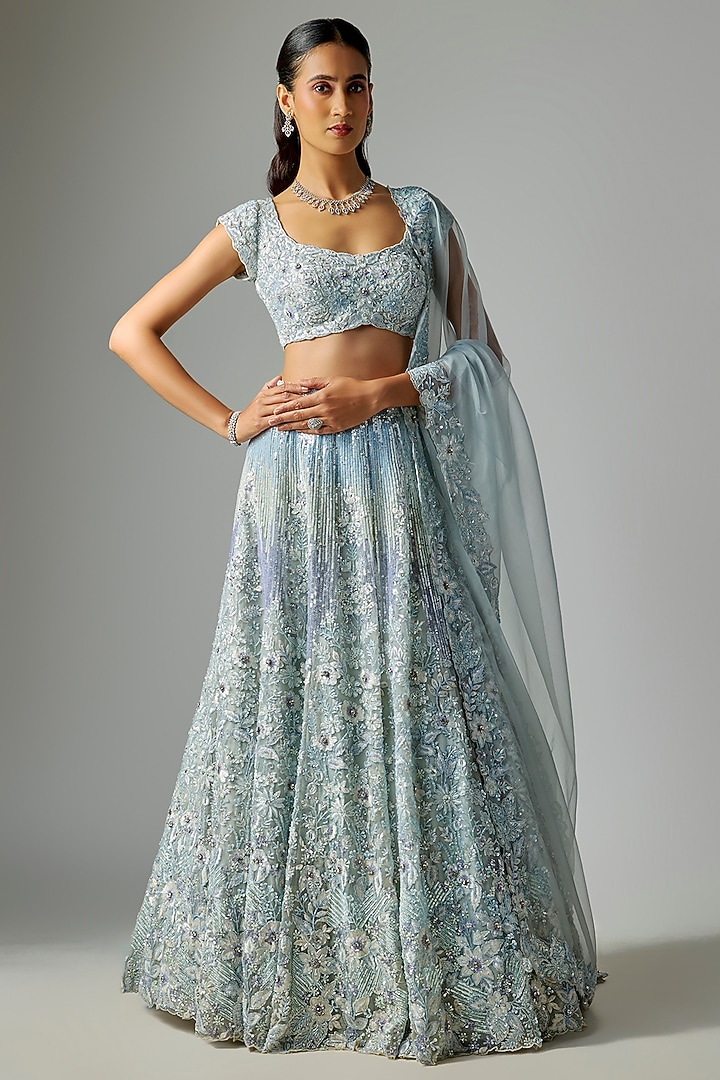 Dusty Ice Blue Pure Organza Embroidered Bridal Lehenga Set by Label Charmie Galaiya at Pernia's Pop Up Shop