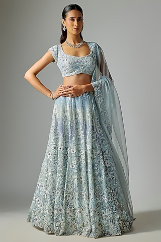 Dusty Ice Blue Pure Organza Embroidered Lehenga Set by Label Charmie Galaiya