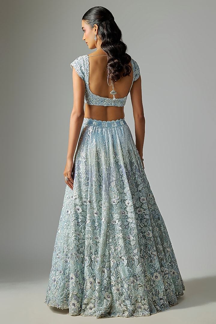 Dusty Ice Blue Pure Organza Embroidered Bridal Lehenga Set by Label Charmie Galaiya at Pernia's Pop Up Shop