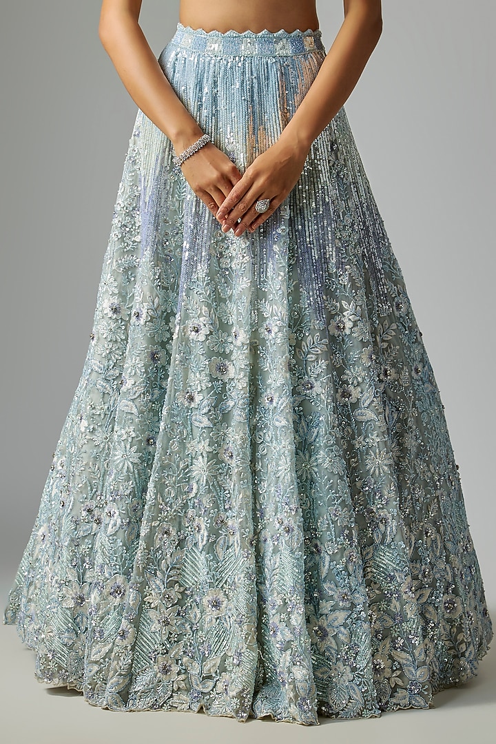 Dusty Ice Blue Pure Organza Embroidered Bridal Lehenga Set by Label Charmie Galaiya at Pernia's Pop Up Shop