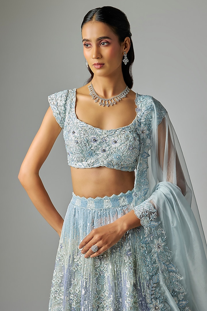 Dusty Ice Blue Pure Organza Embroidered Bridal Lehenga Set by Label Charmie Galaiya at Pernia's Pop Up Shop