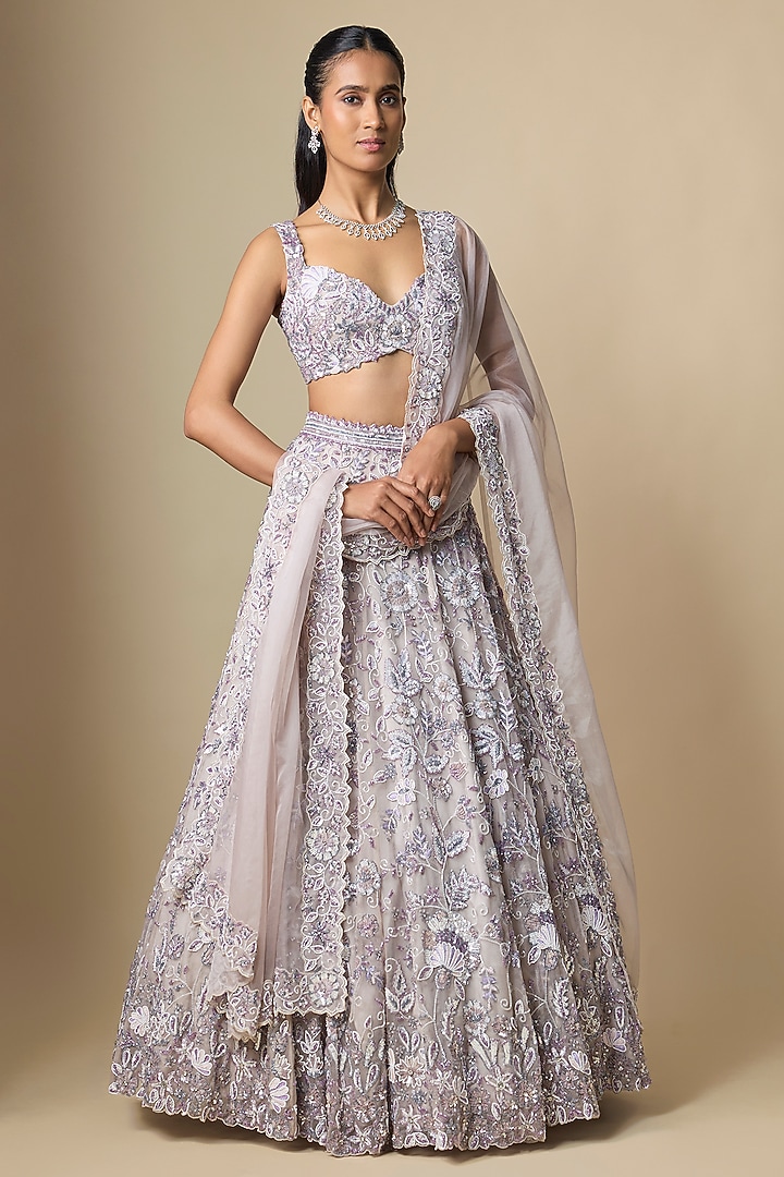 Ivory & Grey Pure Organza Hand Embroidered Bridal Lehenga Set by Label Charmie Galaiya at Pernia's Pop Up Shop