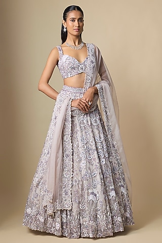 Ivory & Grey Pure Organza Hand Embroidered Lehenga Set by Label Charmie Galaiya
