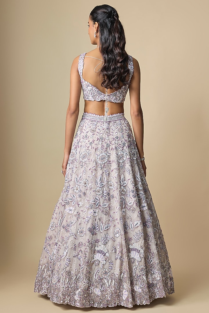 Ivory & Grey Pure Organza Hand Embroidered Bridal Lehenga Set by Label Charmie Galaiya at Pernia's Pop Up Shop