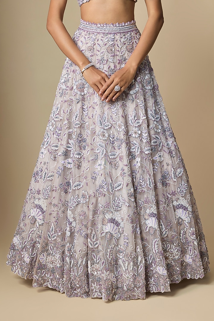 Ivory & Grey Pure Organza Hand Embroidered Bridal Lehenga Set by Label Charmie Galaiya at Pernia's Pop Up Shop