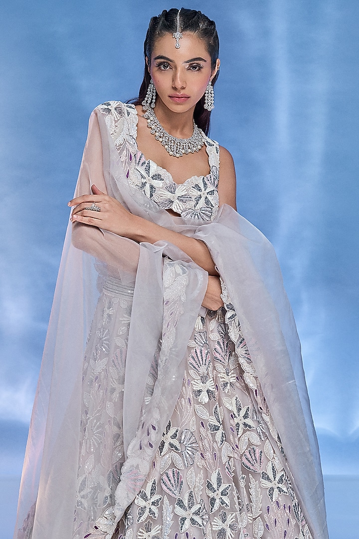 Ivory Pure Organza Embroidered Handcrafted Bridal Lehenga Set by Label Charmie Galaiya at Pernia's Pop Up Shop