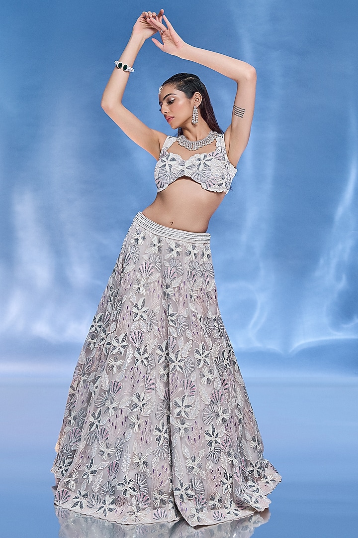 Ivory Pure Organza Embroidered Handcrafted Bridal Lehenga Set by Label Charmie Galaiya at Pernia's Pop Up Shop