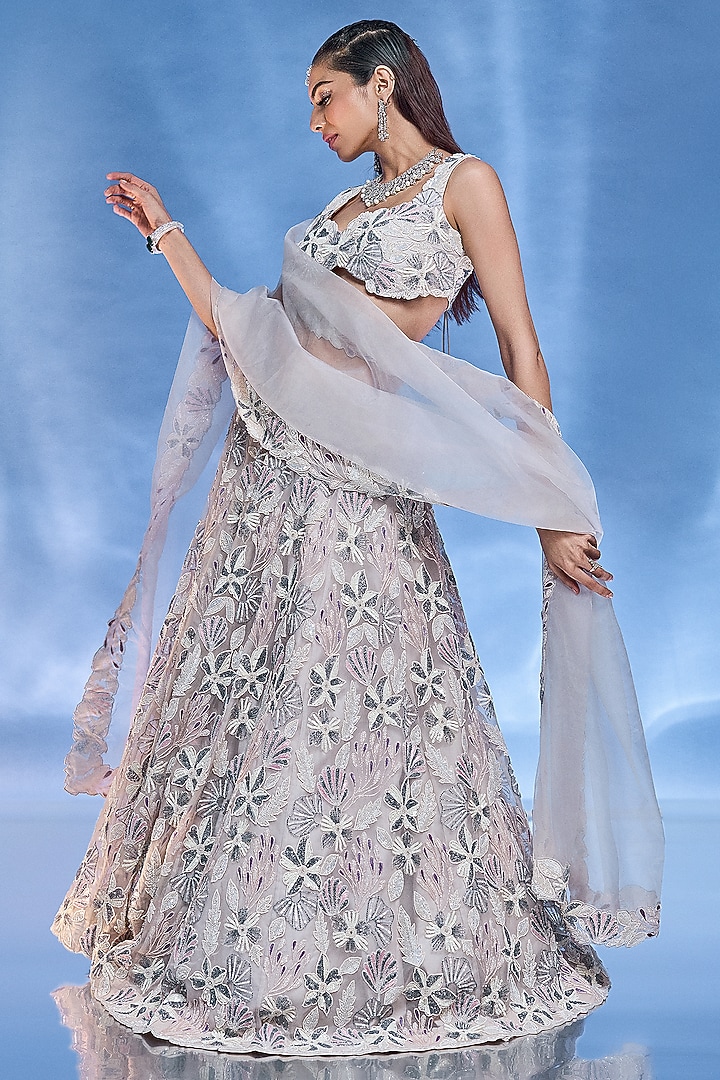 Ivory Pure Organza Embroidered Handcrafted Bridal Lehenga Set by Label Charmie Galaiya at Pernia's Pop Up Shop